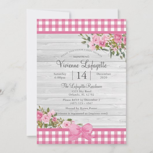 Country Pink Gingham Floral Baby shower Kaart (Voorkant)