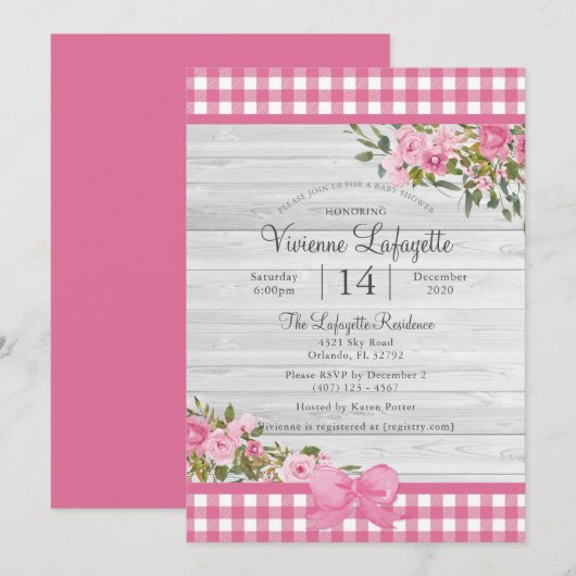 Country Pink Gingham Floral Baby shower Kaart (Voorkant / Achterkant)