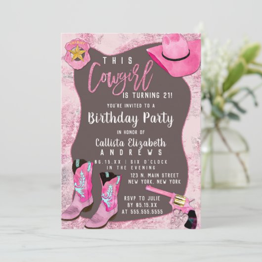 Country Pink Glitter Cowgirl Waterverf Verjaardag Kaart (Staand voorkant)