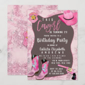 Country Pink Glitter Cowgirl Waterverf Verjaardag Kaart (Voorkant / Achterkant)