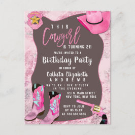 Country Pink Glitter Cowgirl Waterverf Verjaardag Uitnodiging Briefkaart