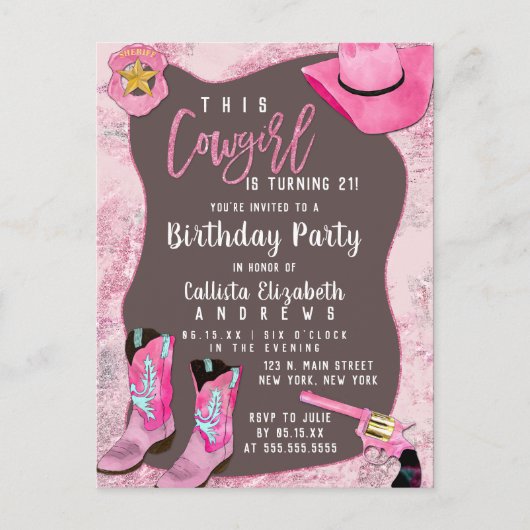 Country Pink Glitter Cowgirl Waterverf Verjaardag Uitnodiging Briefkaart (Voorkant)