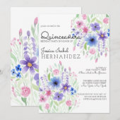 Country Pink Paarse Bloemen Waterverf Quinceañera Kaart (Voorkant / Achterkant)