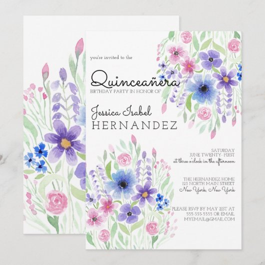 Country Pink Paarse Bloemen Waterverf Quinceañera Kaart (Voorkant / Achterkant)