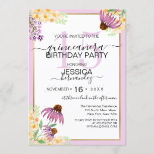 Country Pink Paarse Yellow Wild Flower Quinceañera Kaart