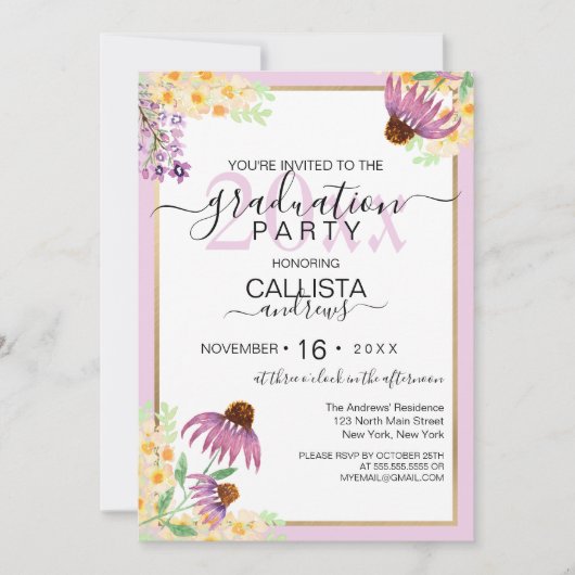 Country Pink Paarse Yellow Wild Flowers Afstuderen Kaart (Voorkant)