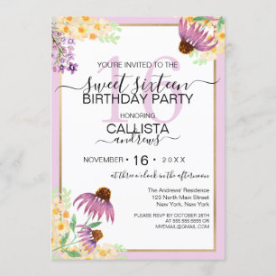 Country Pink Paarse Yellow Wild Flowers Sweet 16 Kaart