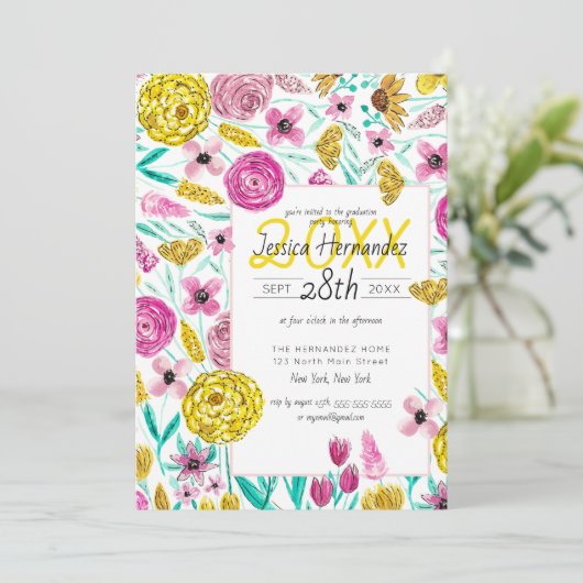 Country Pink Yellow Floral Waterverf Afstuderen Kaart (Staand voorkant)