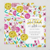 Country Pink Yellow Floral Waterverf Afstuderen Kaart (Voorkant / Achterkant)
