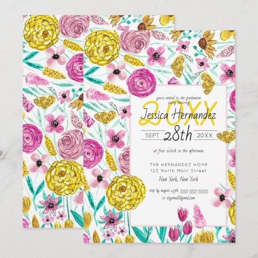 Country Pink Yellow Floral Waterverf Afstuderen Kaart (Voorkant / Achterkant)