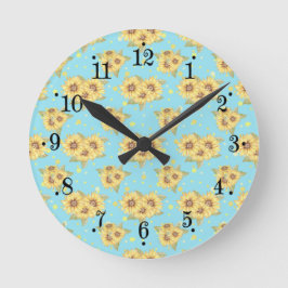 Country Powder Blue Yellow Sunflowers Wall Clock Ronde Klok