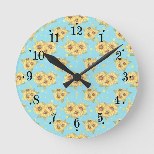 Country Powder Blue Yellow Sunflowers Wall Clock Ronde Klok (Voorkant)