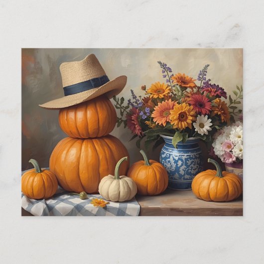 Country Pumpkin Harvest with Flowers Briefkaart (Voorkant)