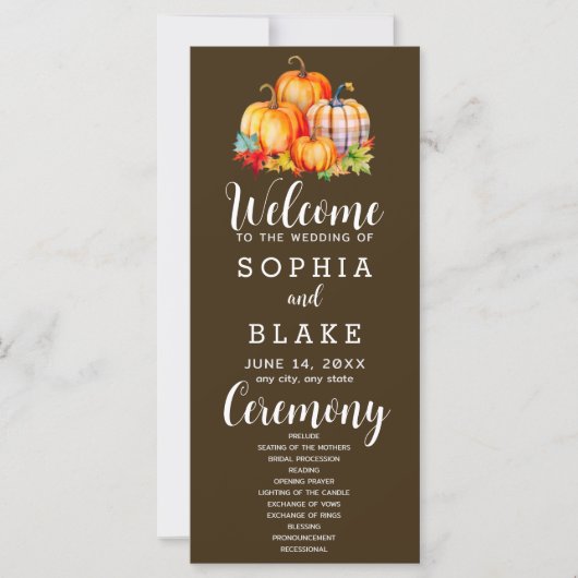 Country Pumpkins Plaid Fall Bruine Huwelijksprogra (Voorkant)