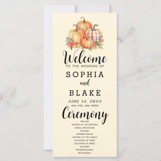 Country Pumpkins Plaid Herfst Geel Huwelijksprogra (Voorkant)