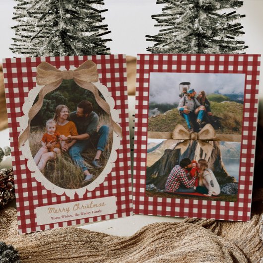Country Red Gingham Bow Photo Christmas Card Feestdagenkaart