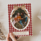Country Red Gingham Bow Photo Christmas Card Feestdagenkaart