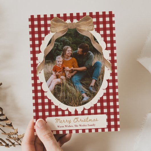 Country Red Gingham Bow Photo Christmas Card Feestdagenkaart