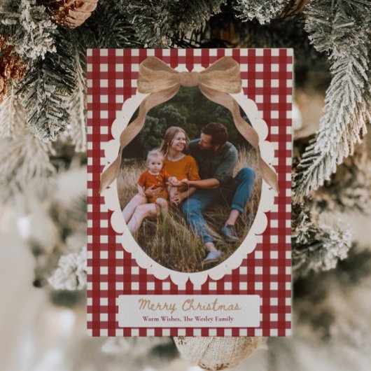 Country Red Gingham Bow Photo Christmas Card Feestdagenkaart
