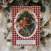 Country Red Gingham Bow Photo Christmas Card Feestdagenkaart