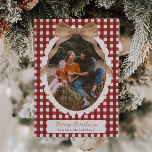 Country Red Gingham Bow Photo Christmas Card Feestdagenkaart