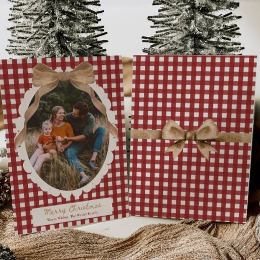 Country Red Gingham Bow Photo Christmas Card Feestdagenkaart