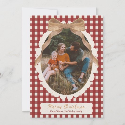 Country Red Gingham Bow Photo Christmas Card Feestdagenkaart (Voorkant)