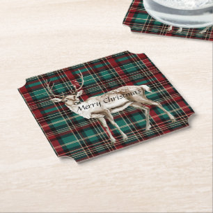 Country Red Green Plaid Kerst Herten Kartonnen Onderzetters