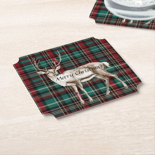 Country Red Green Plaid Kerst Herten Kartonnen Onderzetters (Gekanteld)