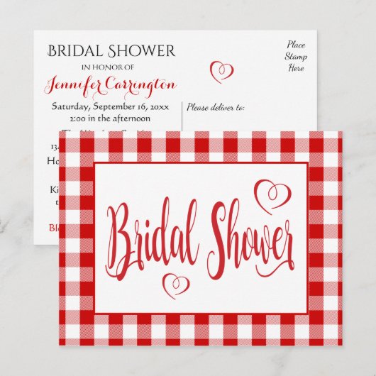 Country Red White Gingham Plaid Vrijgezellenfeest Uitnodiging Briefkaart (Voorkant / Achterkant)
