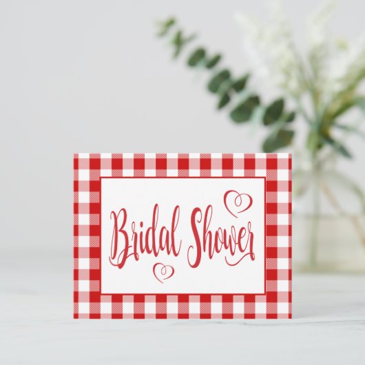 Country Red White Gingham Plaid Vrijgezellenfeest Uitnodiging Briefkaart (Staand voorkant)