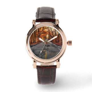 Country Road in Herfst Bruin Lederen Horloge