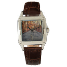 Country Road in Herfst Bruin Lederen Horloge