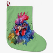 Country Rooster Chicken Waterverf Stijl Grote Kerstsok (Voorkant)
