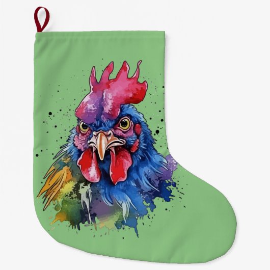 Country Rooster Chicken Waterverf Stijl Grote Kerstsok (Voorkant)
