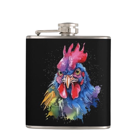 Country Rooster Chicken Waterverf Stijl Heupfles (Voorkant)
