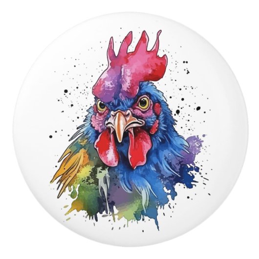 Country Rooster Chicken Waterverf Stijl Keramische Knop (Voorkant)