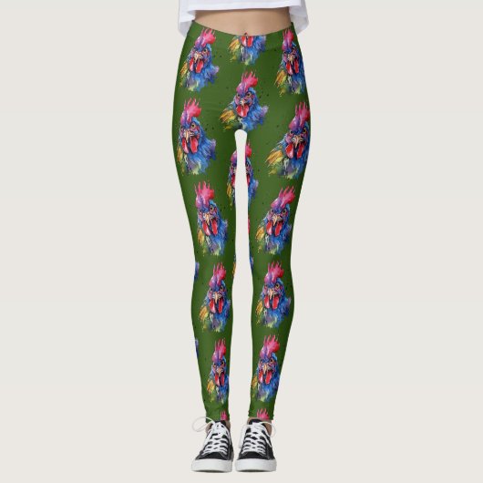 Country Rooster Chicken Waterverf Stijl Leggings (Voorkant)