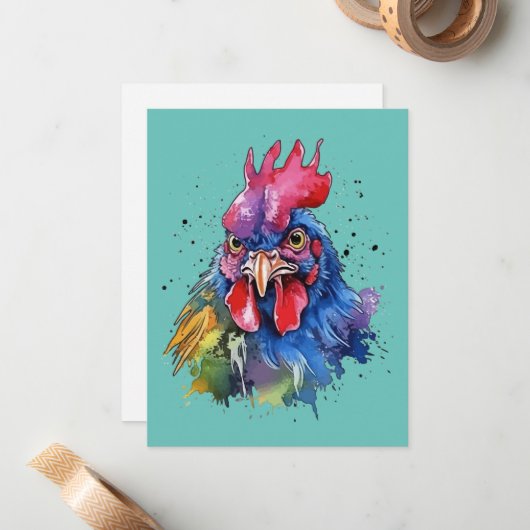 Country Rooster Chicken Waterverf Stijl Notitiekaartje (Voorkant / Achterkant in situ)