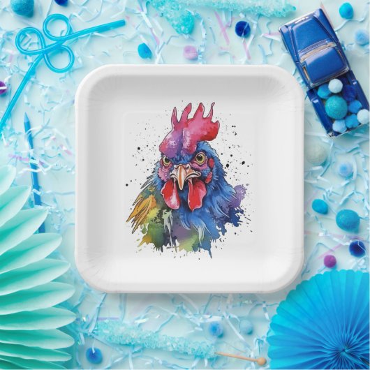 Country Rooster Chicken Waterverf Stijl Papieren Bordje (Feest)