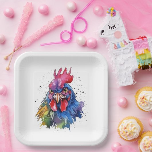 Country Rooster Chicken Waterverf Stijl Papieren Bordje (Feest)