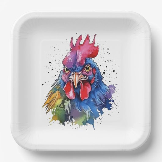 Country Rooster Chicken Waterverf Stijl Papieren Bordje (Voorkant)
