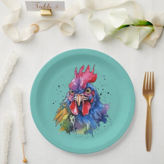 Country Rooster Chicken Waterverf Stijl Papieren Bordje (Huwelijk)