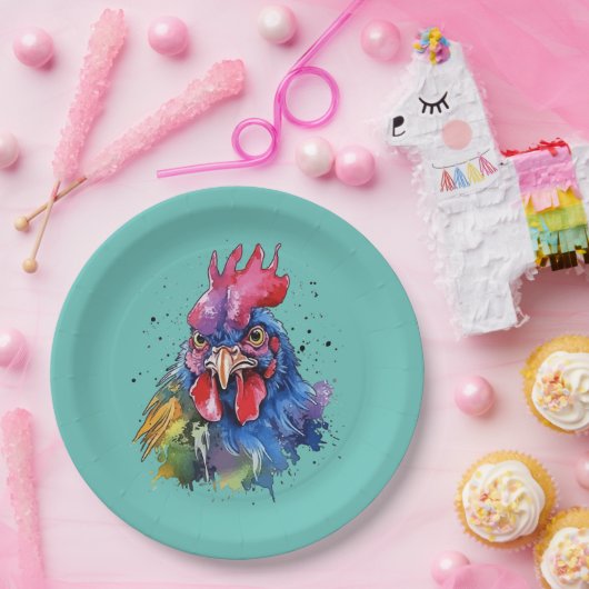 Country Rooster Chicken Waterverf Stijl Papieren Bordje (Feest)
