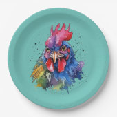 Country Rooster Chicken Waterverf Stijl Papieren Bordje (Voorkant)