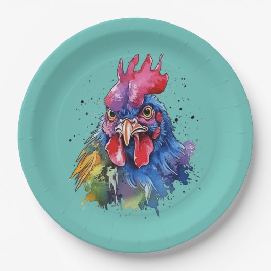 Country Rooster Chicken Waterverf Stijl Papieren Bordje (Voorkant)