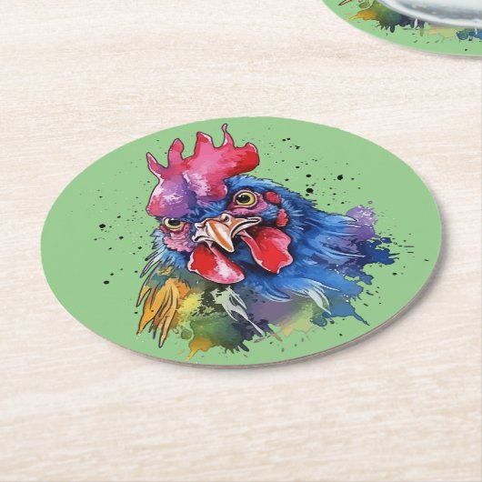 Country Rooster Chicken Waterverf Stijl Ronde Kartonnen Onderzetter (Gebogen)