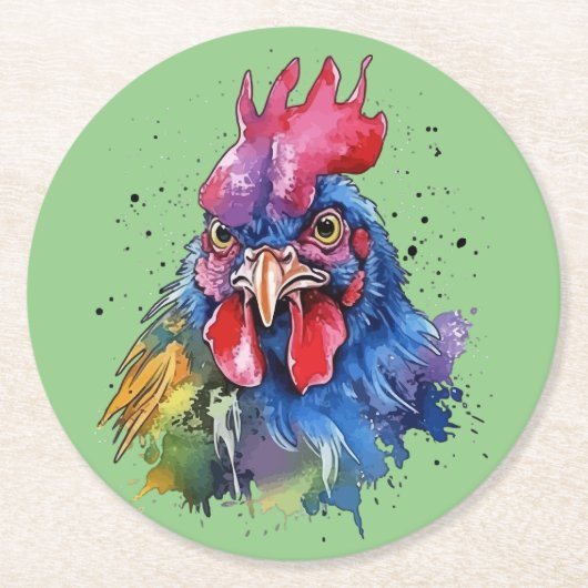 Country Rooster Chicken Waterverf Stijl Ronde Kartonnen Onderzetter (Voorkant)