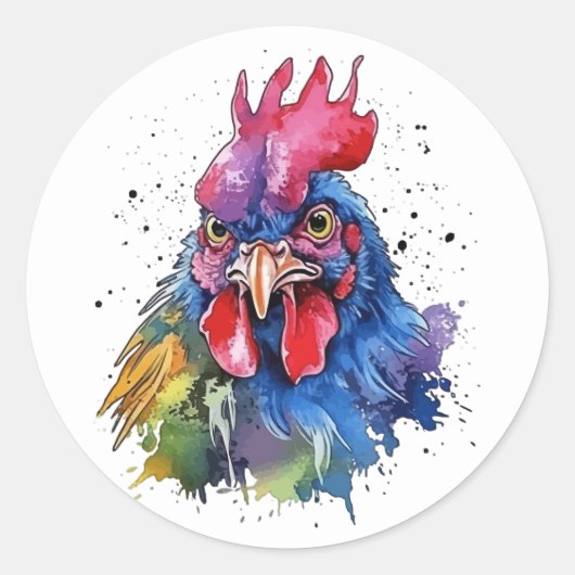 Country Rooster Chicken Waterverf Stijl Ronde Sticker (Voorkant)