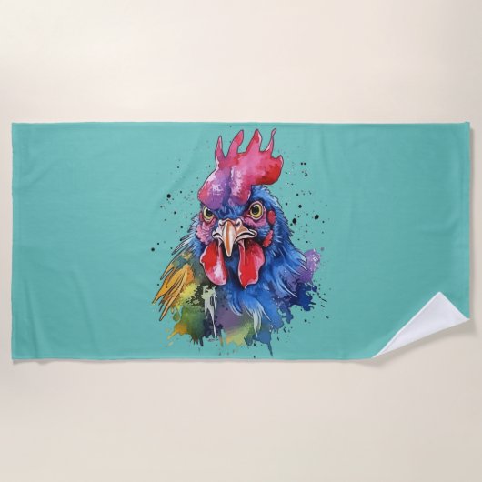 Country Rooster Chicken Waterverf Stijl Strandlaken (Voorkant)